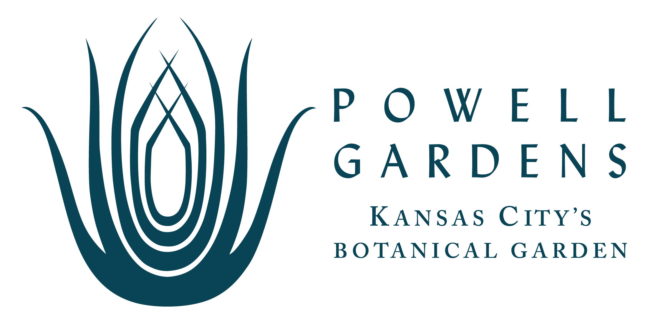 Powell Gardens logo with teal lettering.