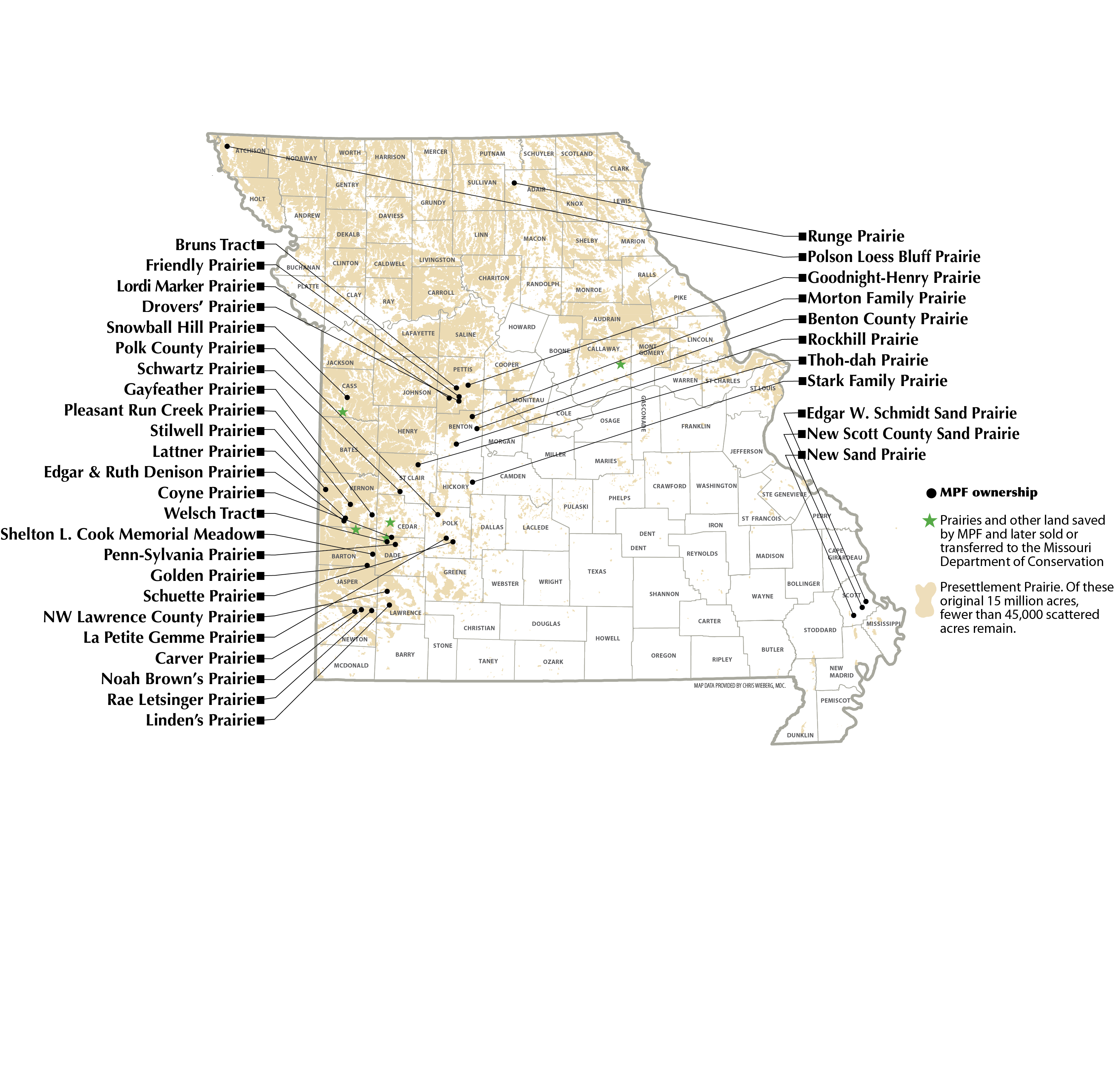 Map of Missouri with red stars indicating the location of MPF prairies and green starts indicating other prairies MPF manages