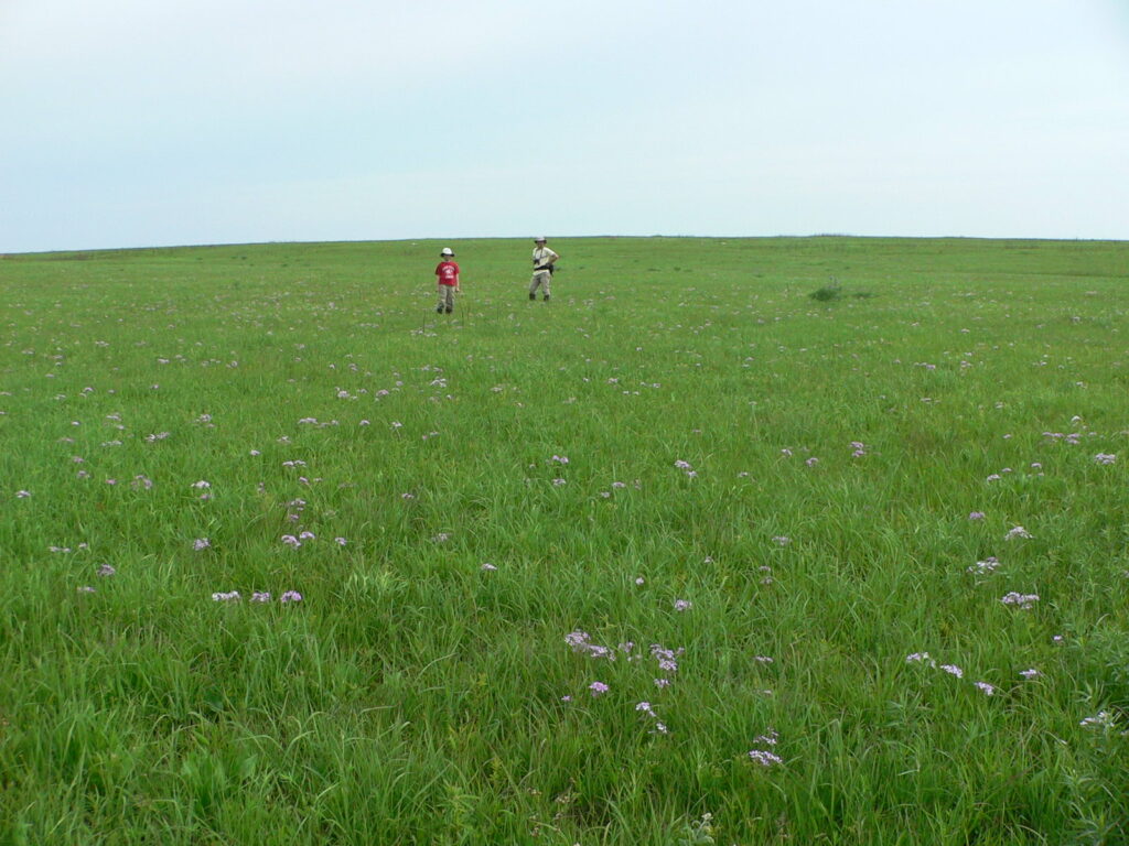 two people standing in green prairie
