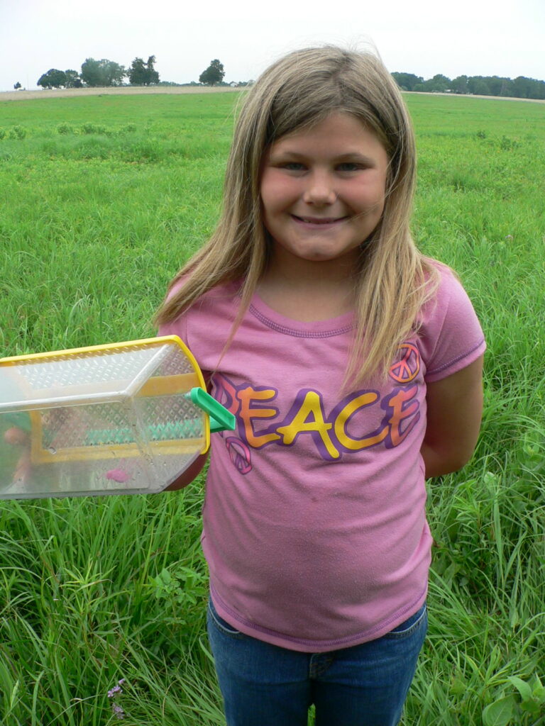 young girl hold bug cage with Pink katydid